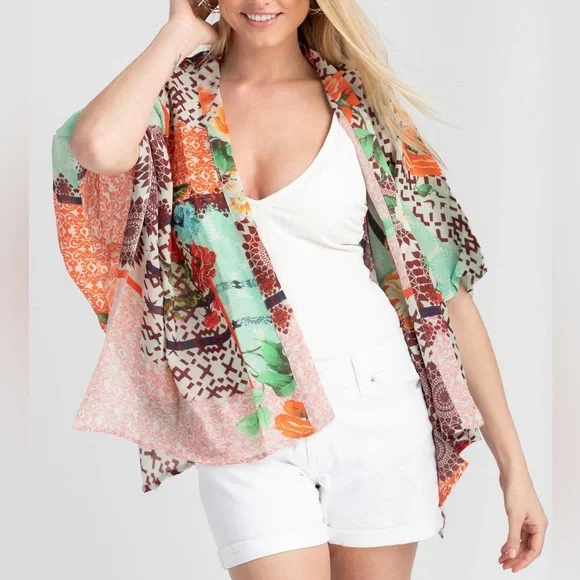 Saachi Artsy Twill Weaved Kimono Wool & Silk Open Cardigan Shrug Boho One Size - Picture 2 of 14
